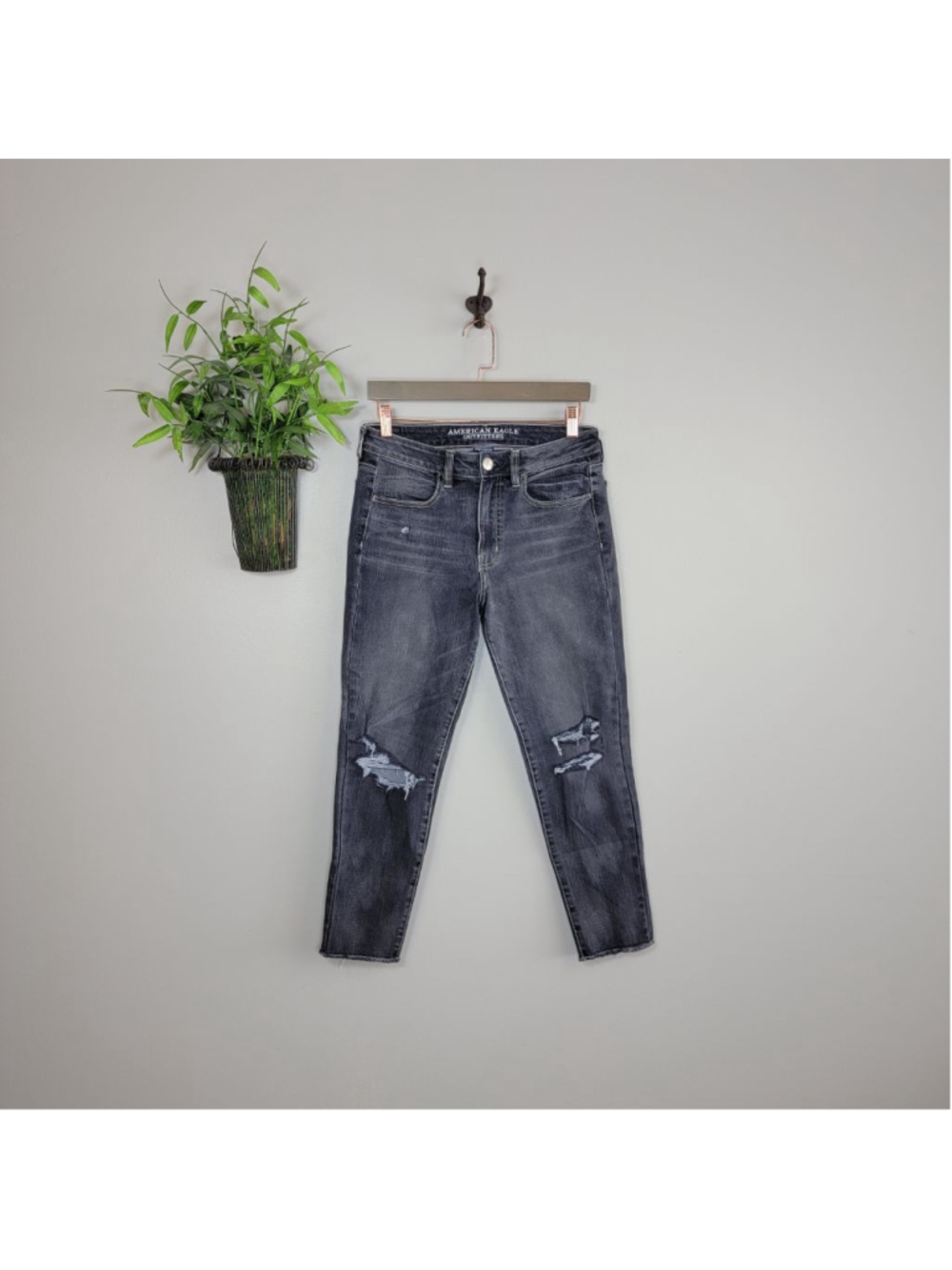AE 6 American Eagle Hi Rise Skinny Crop Jegging Jeans Faded Black Distressed